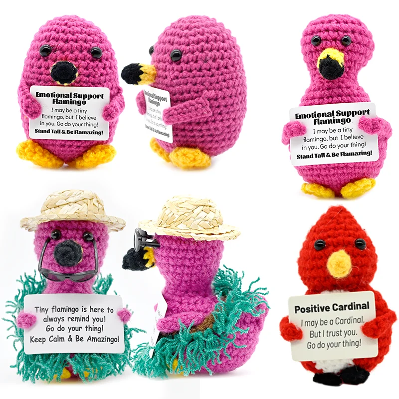 AnimalSeries Positive Energy Flamingo Crochet Doll, Handmade Knitted Decor Ornament with Encouragement Card Mini Desk Decor Gift