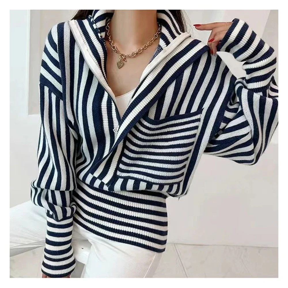 2024 Autumn/Winter New Striped Knitted Sweater  Loose, High Collar, Retro, Casual,  Soft Sticky Sweater Design