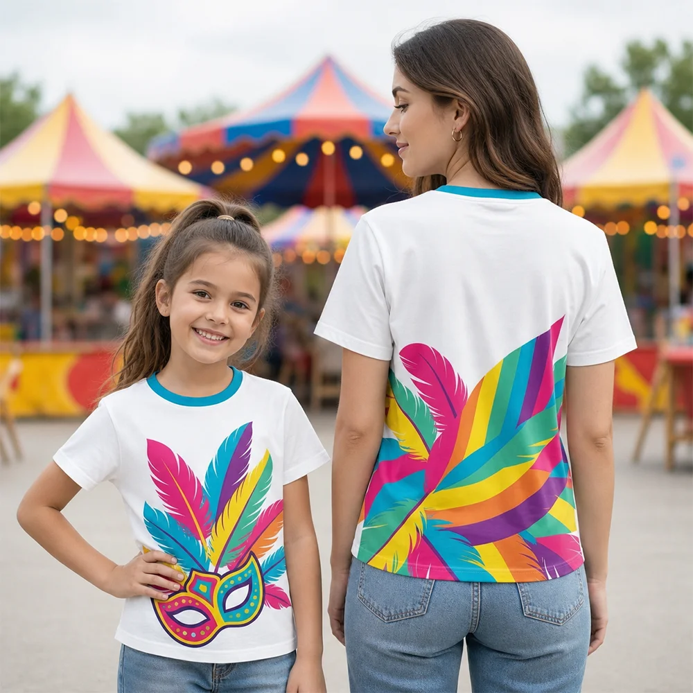 Summer Carnival Mask Fashion T-Shirt Breathable Short Sleeve Parent-Child Matching Tees for British Bank Holiday Festival Tops
