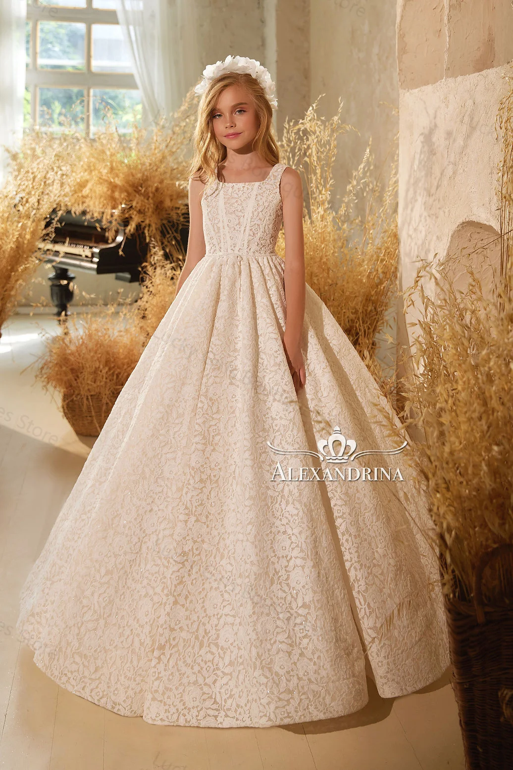 Ivory Flower Girl Dresses for Wedding Lace Children Birthday Party Gowns Detachable Long Sleeves Kids First Communion Dresses