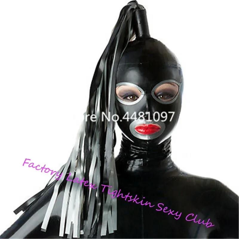 Latex Mask Unisex Fetish Cosplay Rubber Hood with Tails for Party Bodysuits Wear Custom Made