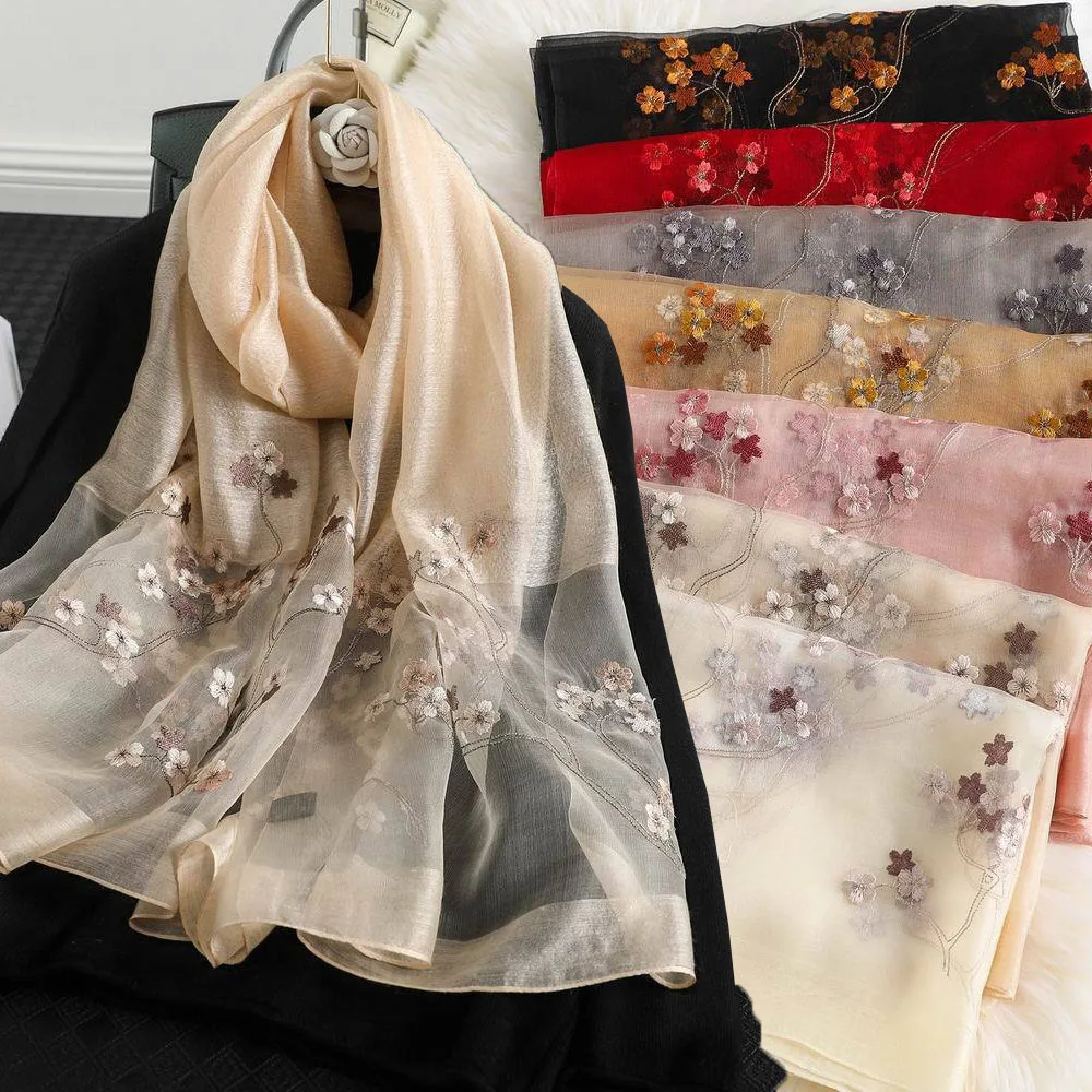 

2024 New Women Scarf Summer Sun Protection Silk Wool Shawls Lady Wraps Bufanda Floral Pashmina Luxury Embroidery Scarves