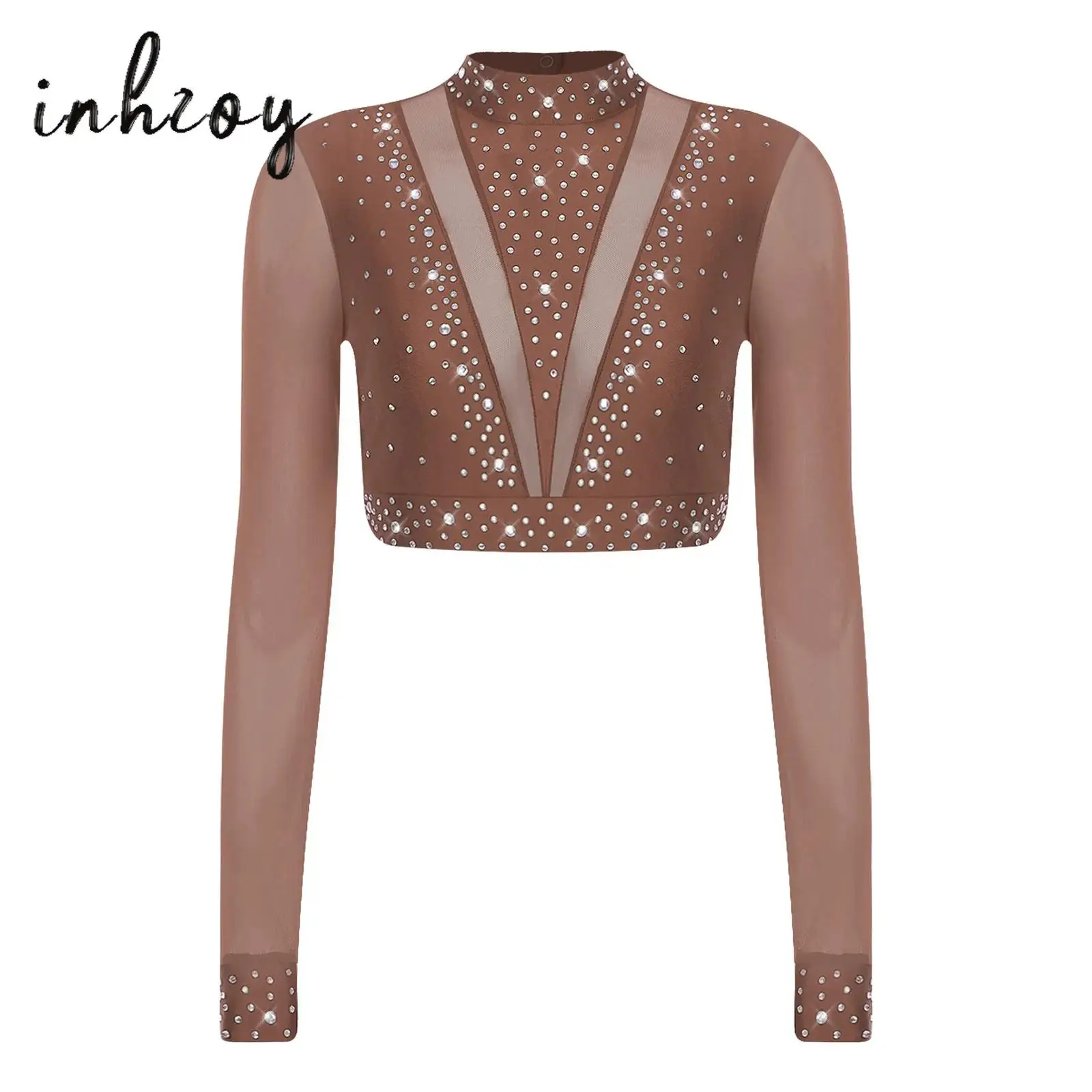 

Womens Rhinestone Dance Crop Tops Sheer Mesh Long Sleeve Back Hollow Out Dance Costume for Belly Dance Modern Lyrical Dance