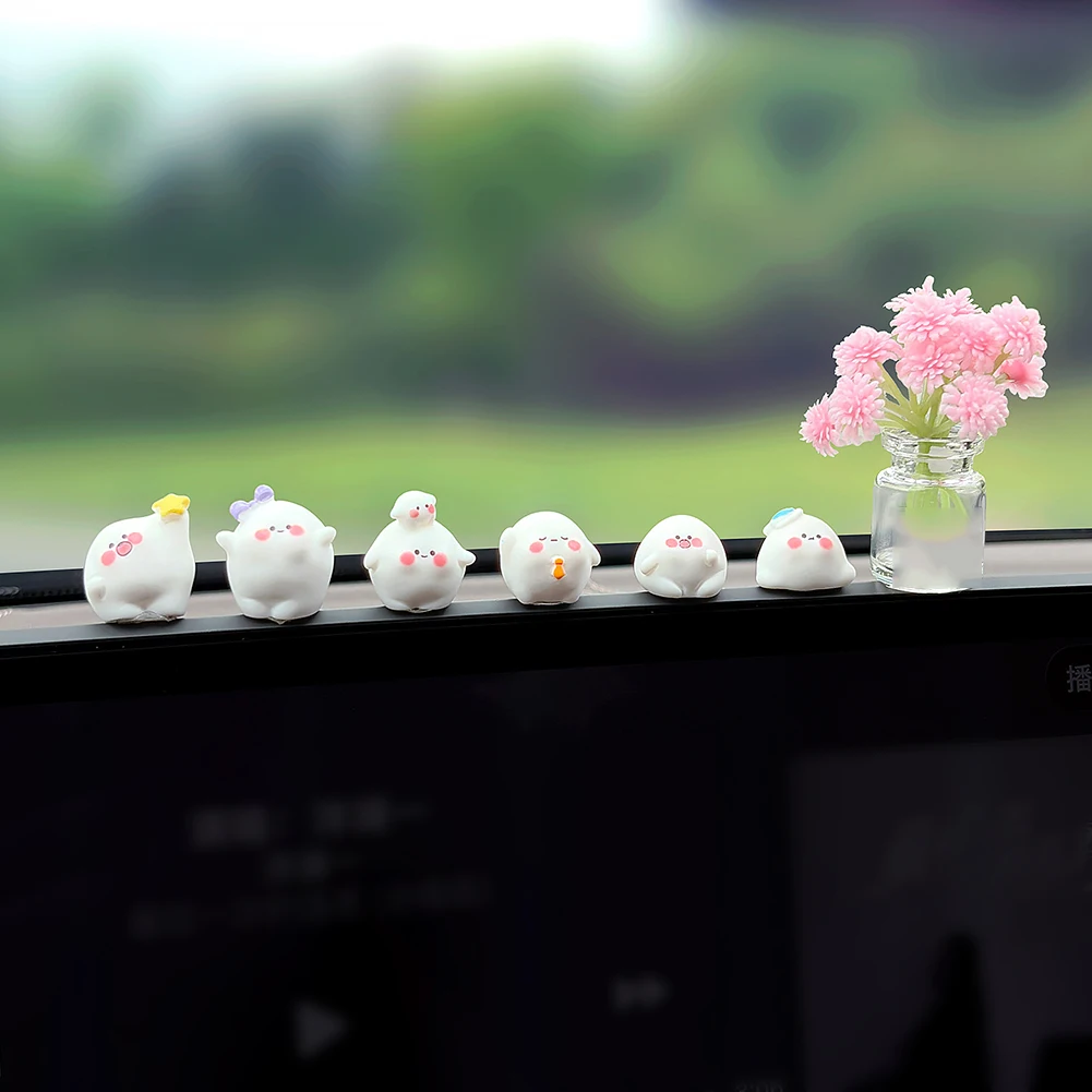 White Blob Car Ornaments for Dashboard and Screen Display Six Resin Figurines with Unique Poses and Pink Cheeks