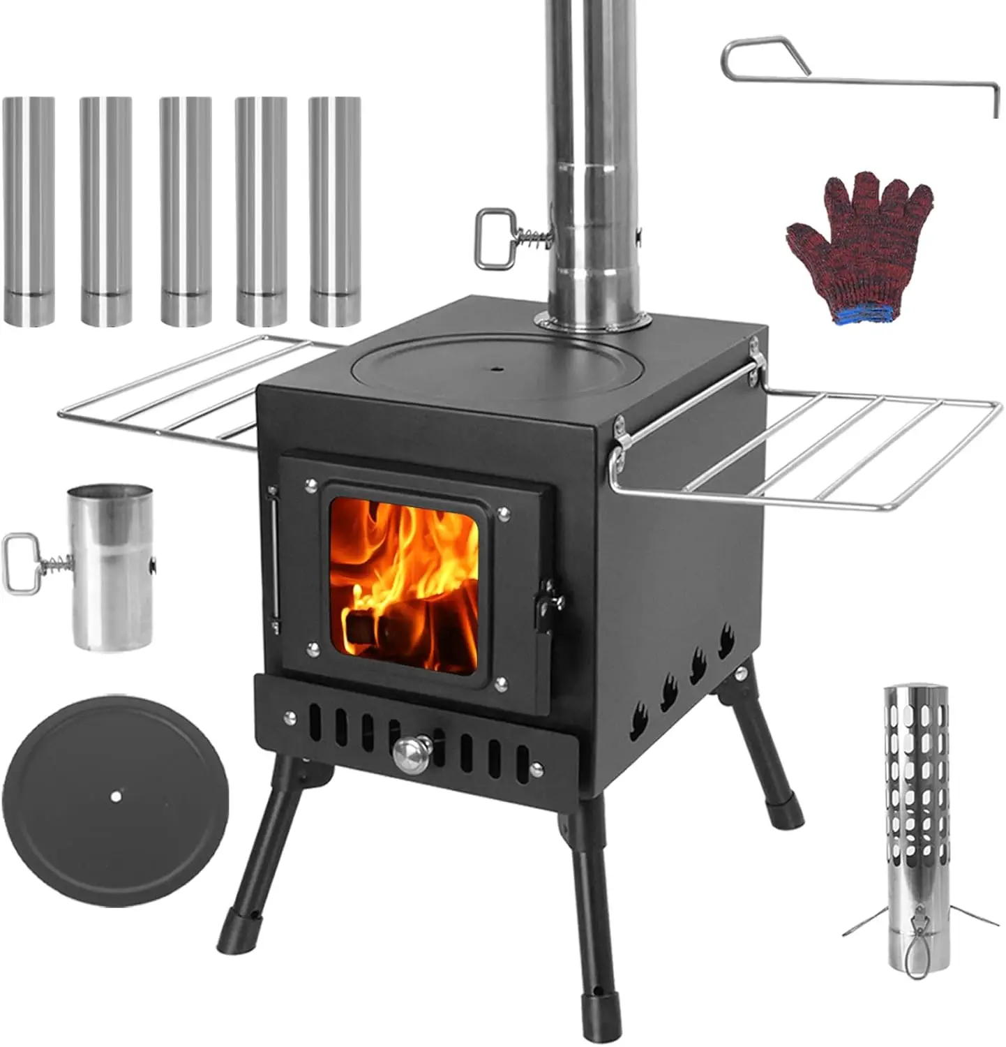 Wood Burning Stove, With Chimney Pipes, Small Camping Wood Stove With Anti-Spark and Adjustment Pipe for Hunting,Cooking,Heating