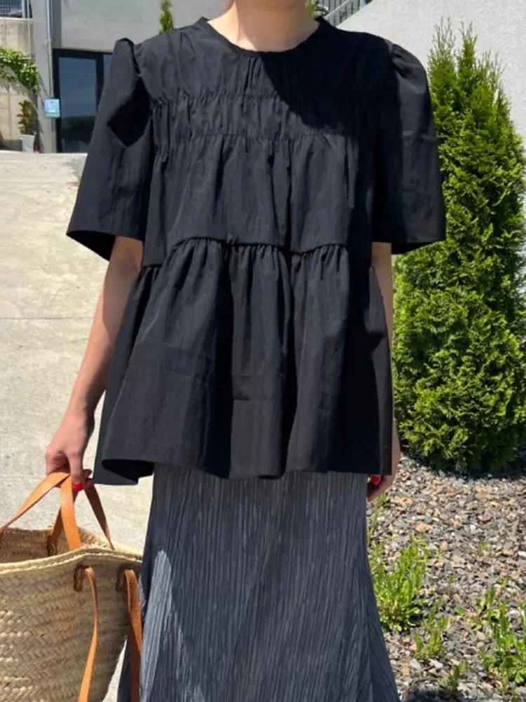 New Korean Minimalist Style Student Short Sleeved Shirt Summer Fashion Loose Round Neck Unique Solid Color Women Doll Shirt Top