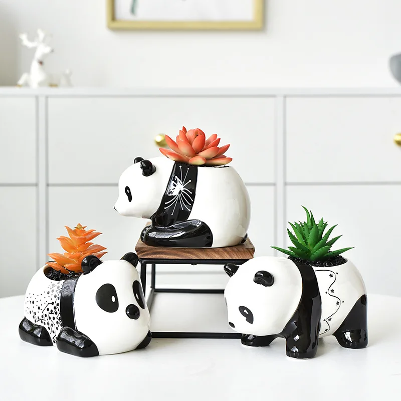 Creative Black and White Ceramic Panda Flower Pot Cute Cartoon Animal Plant Potted Flower Pot Porcelain Vase Home Decoration New