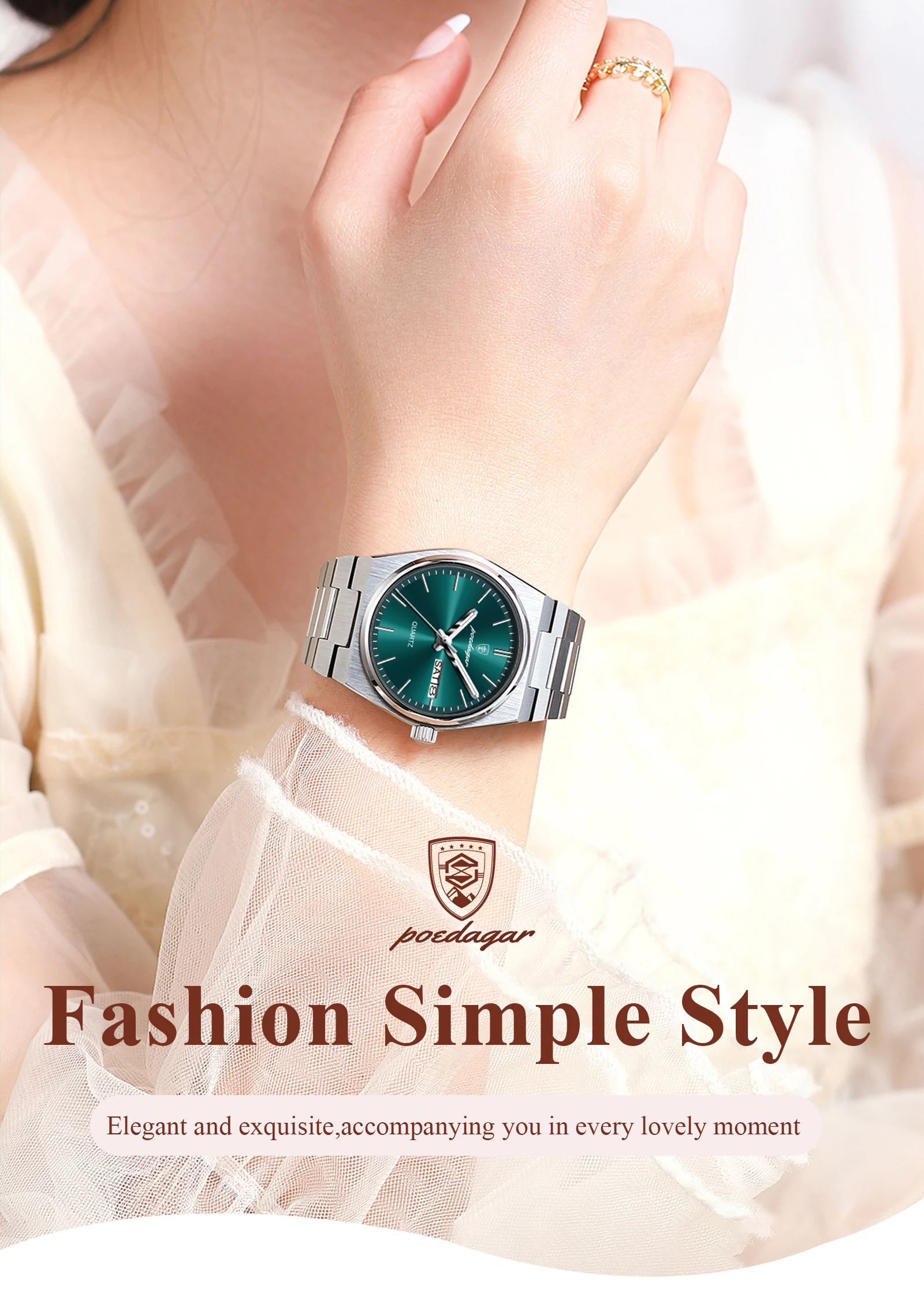 POEDAGAR Elegante Uhren Für Frauen Wasserdicht Leucht Datum Woche Damen Uhr Quarz Edelstahl Frau Mode Armbanduhr – Detail 2