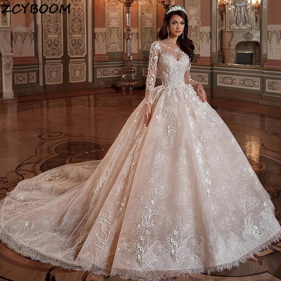 Ball Gown Wedding Dresses Elegant Lace Appliques Long Sleeves Luxury Princess Sequins Bridal Gowns 2025 Illusion Robe De Mariee