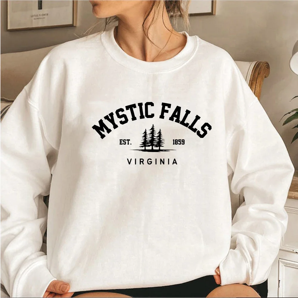 Mystic Falls Virginia Sweatshirt Plus Size O-neck T-shirt Women Long Sleeve Crewneck Pullovers Casual Sweater for Vampire Fans