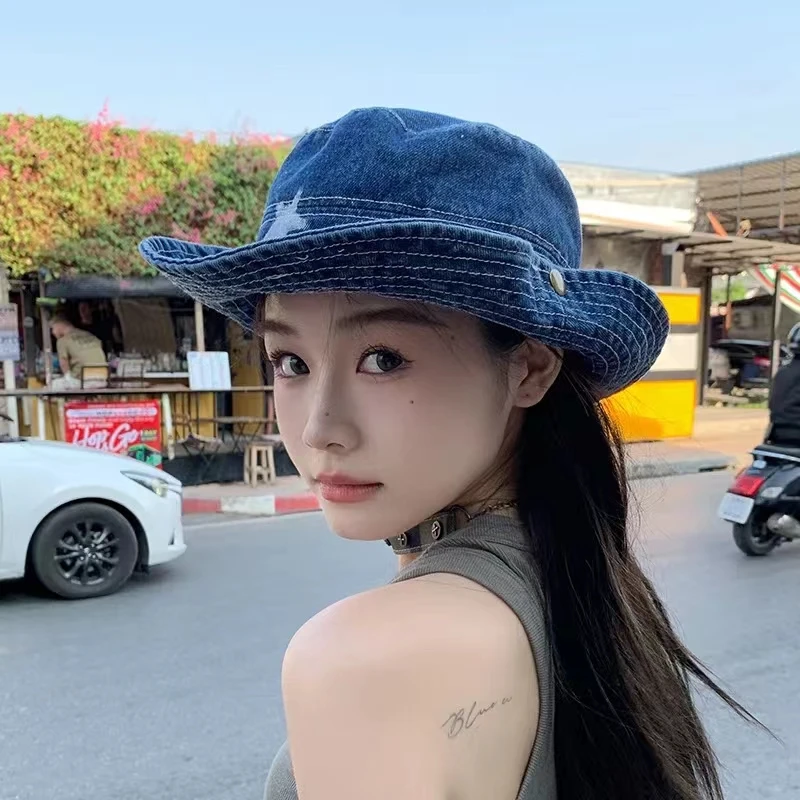 

Women Washed Cowboy Denim Bucket Hat Foldable Fisherman Hat Unisex Bob Caps Hip Hop Panama Cap Hiking Fishing Boonie Hat Gorros