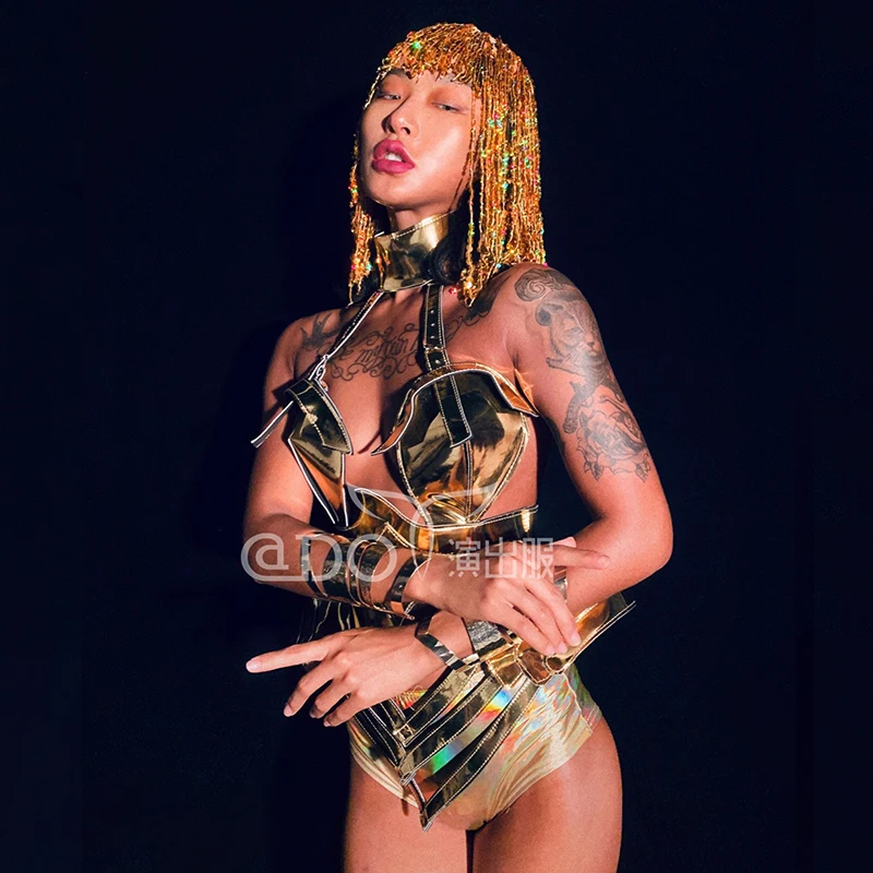 Drag Queen Outfits Women Stage Costume Golden Armor Futuristic Performance Suit Nightclub Gogo Dance Wear Party Rave Outfit 4260