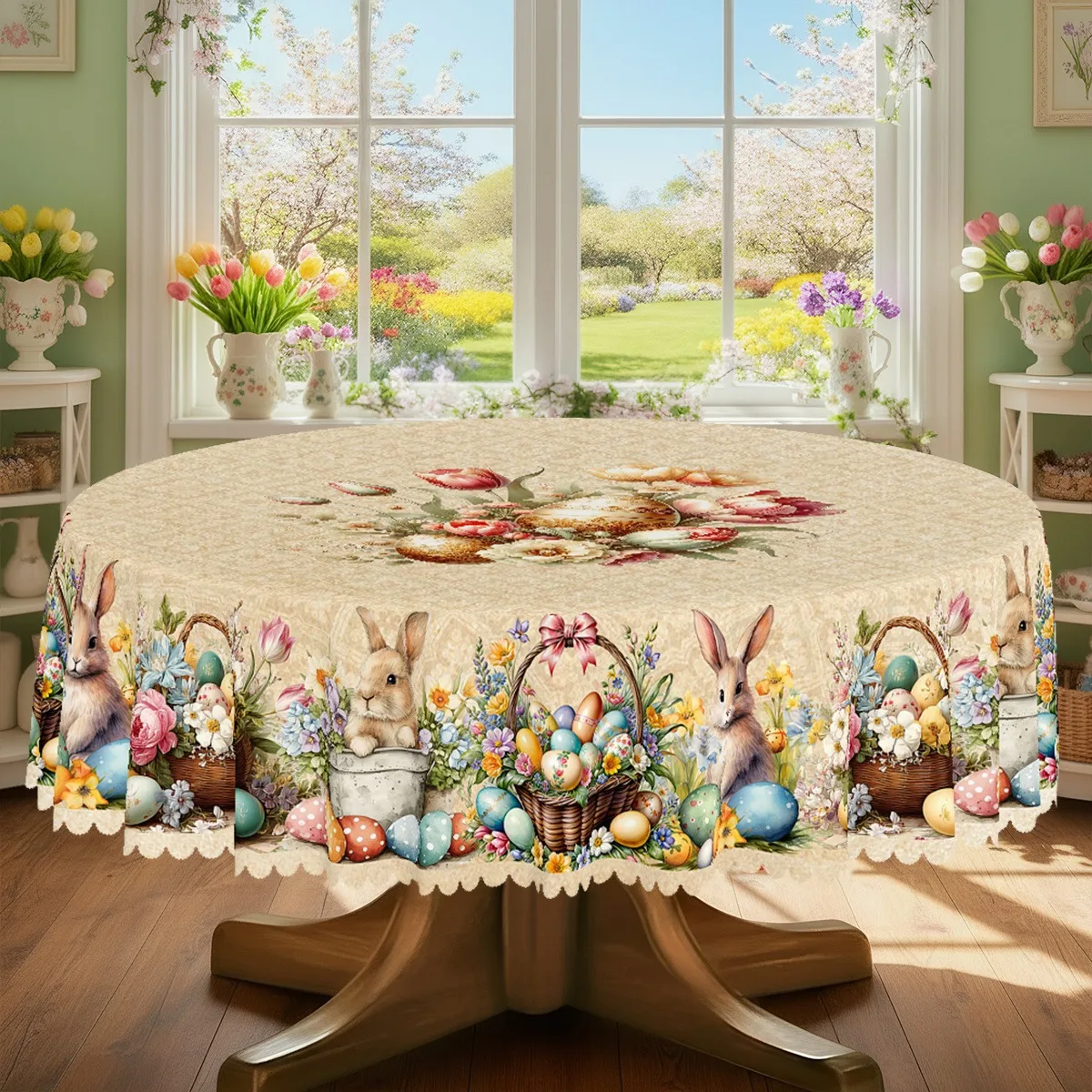 Easter Bunny Egg Round Tablecloth, Luxury Dining Table Cover, Spring Holiday Party Decor, Instagram Aesthetic Waterproof