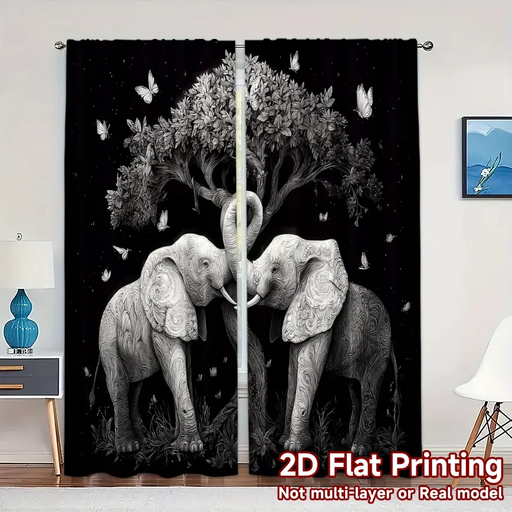 2pcs, 2D FLAT PRINTING Curtains (Without Rod) Elephant Yin Yang Modern Contemporary Curtains Polyester Easy Install Curtains