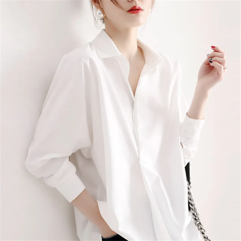 Fashion Korean Long Sleeved Loose White Shirt Womens Clothing Solid Casual Shirts Ladies Chiffon Top Shirt Black Blouses