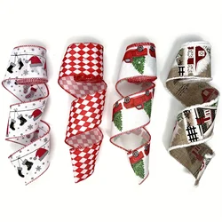 1pc 5 Yards Christmas Ribbon Wired Burlap Ribbon with Truck House Socks Multi-Color Plaid Diamond Ribbon for Xmas DIY Bows Craft