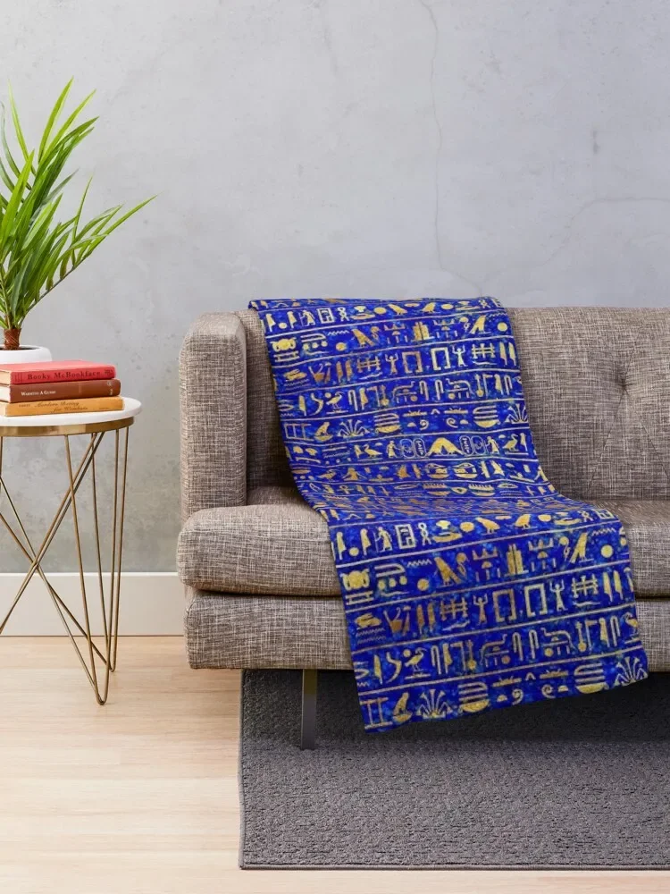 Blue Lapis and Gold Hieroglyphics Mask Throw Blanket Soft Beds Decoratives Blankets Sofas Of Decoration Blankets