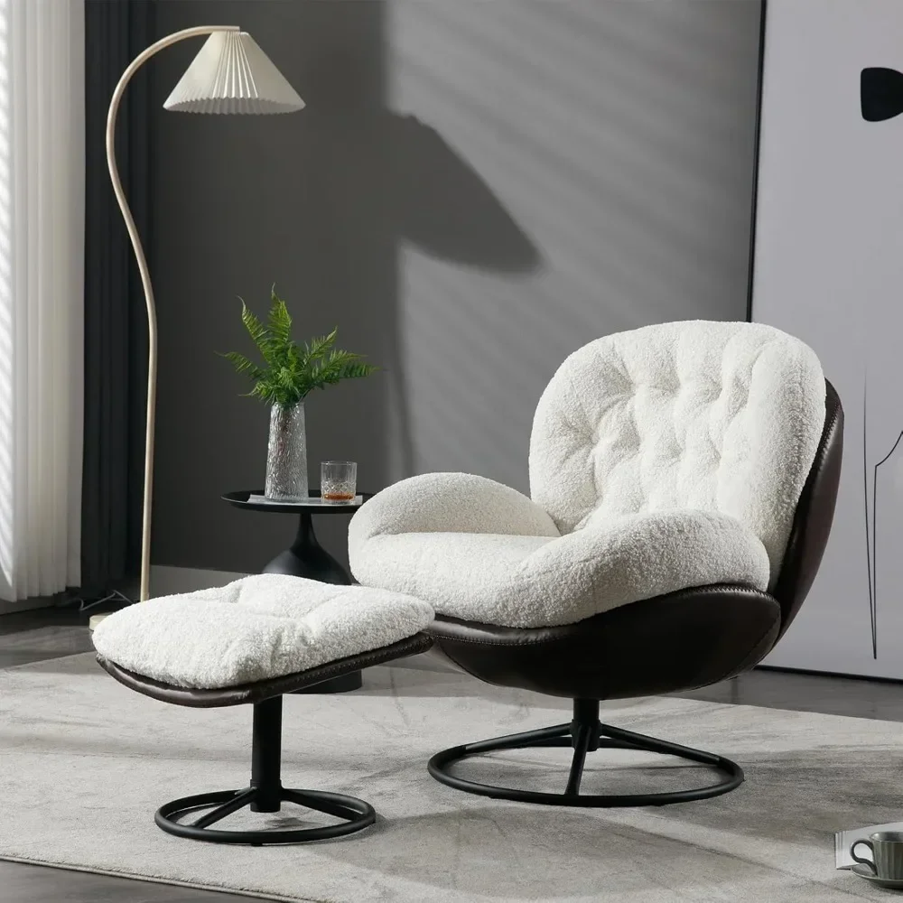 Swivel Accent Chair with Ottoman, Modern Faux Fur Living Room Lounge Chair Arm Chair with Footrest Heavy Duty Base Support