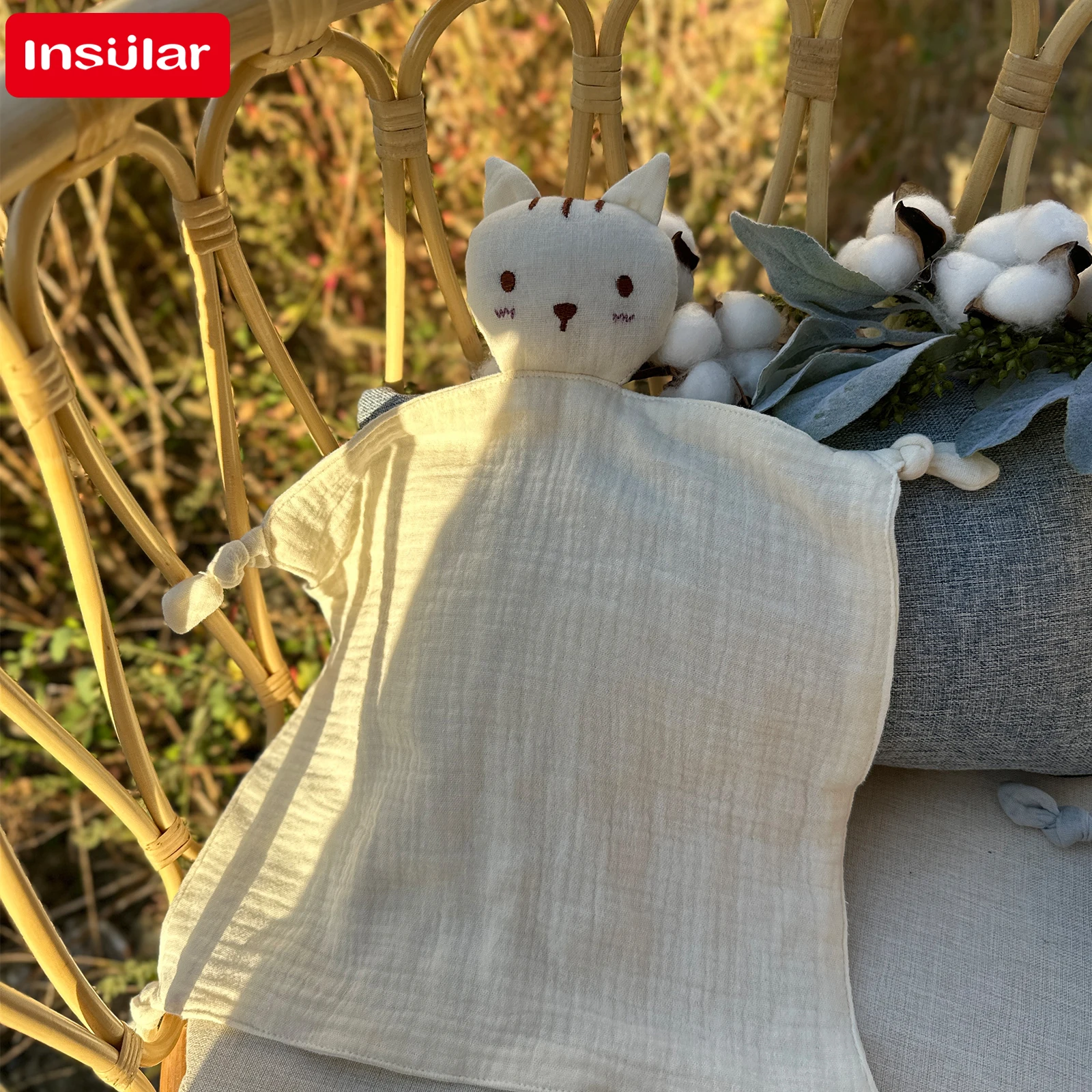 100% Cotton Muslin Baby Bib Stuffed Cat Doll Appease Towel Security Blanket for Newborn Sleeping Cuddling Facecloth Hand Towel