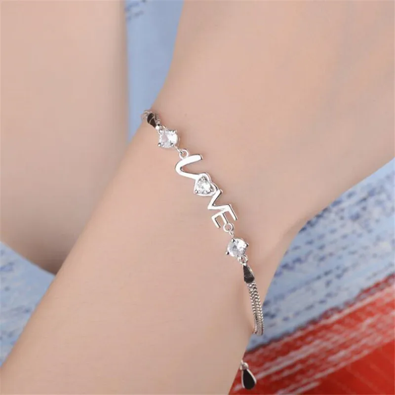 925 Sterling Silver Bracelet Heart Love Round Cubic Zirconia Double Chain Linked For Women Charm Bangle Jewelry Christmas