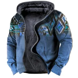 Vintage Autumn Winter Men Zip Up Hoodies Long Sleeve Fleece Hood Jackets Tribal Graphics Print Casual Outerwear Sweatshirts