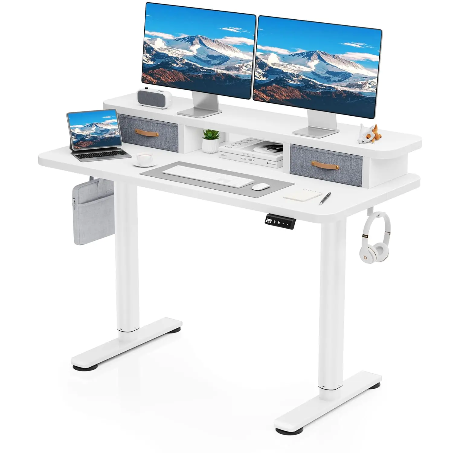 

Electric Standing Desk 48x24 Height Adjustable Dual Drawers Memory Controller Casters Hooks Home Office Customized