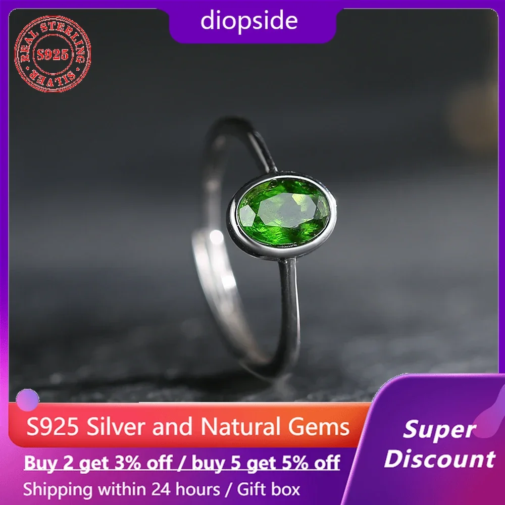 

Natural mineral green diopside women's ring simple s925 pure silver ring wedding fashion boutique jewelry party accessories gift