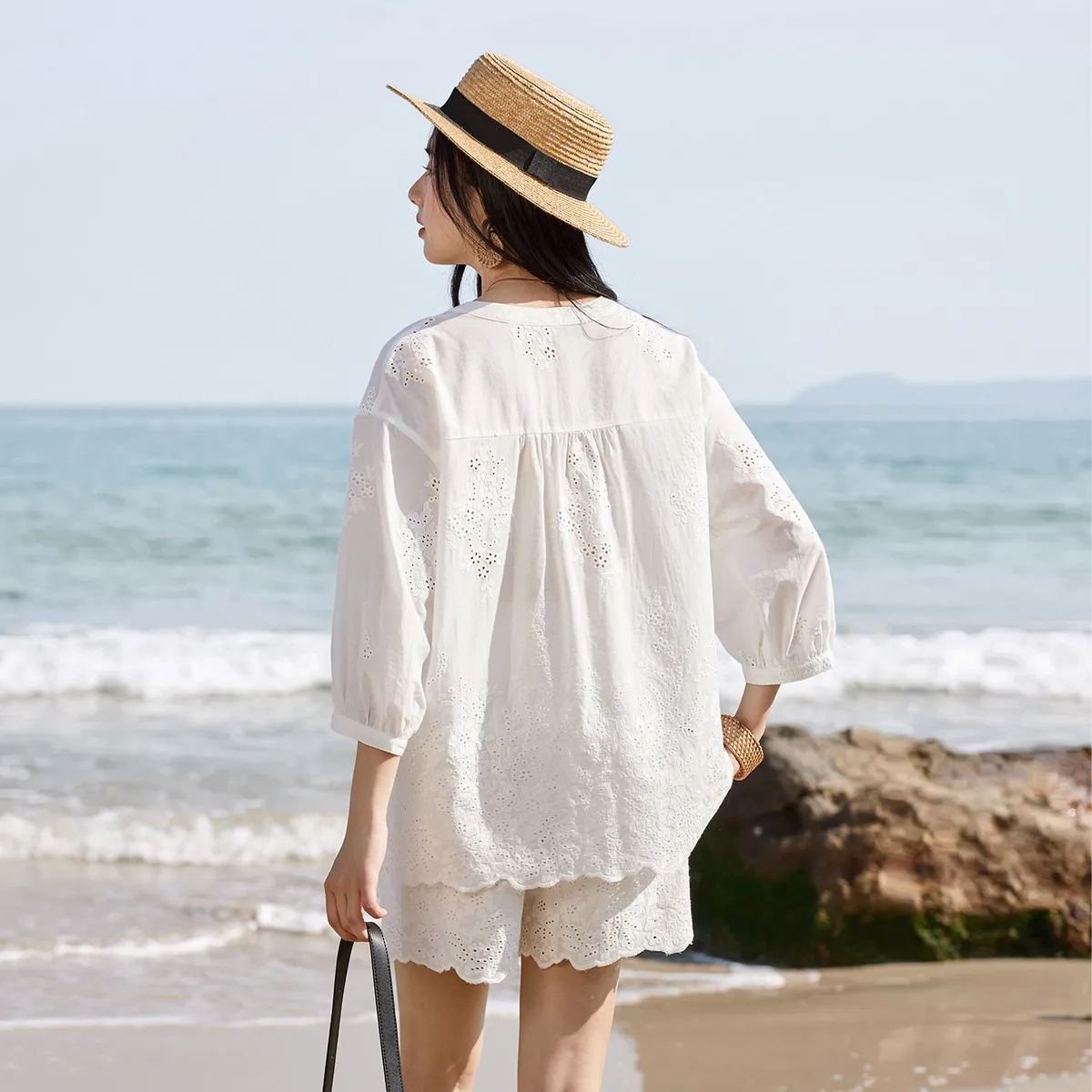 SENTUBILA Women 100% Cotton 2-Piece Set 2026 Summer Eyelet Embroidered V-Neck Shirt + Shorts Casual Vacation Outfit 161ZI4854