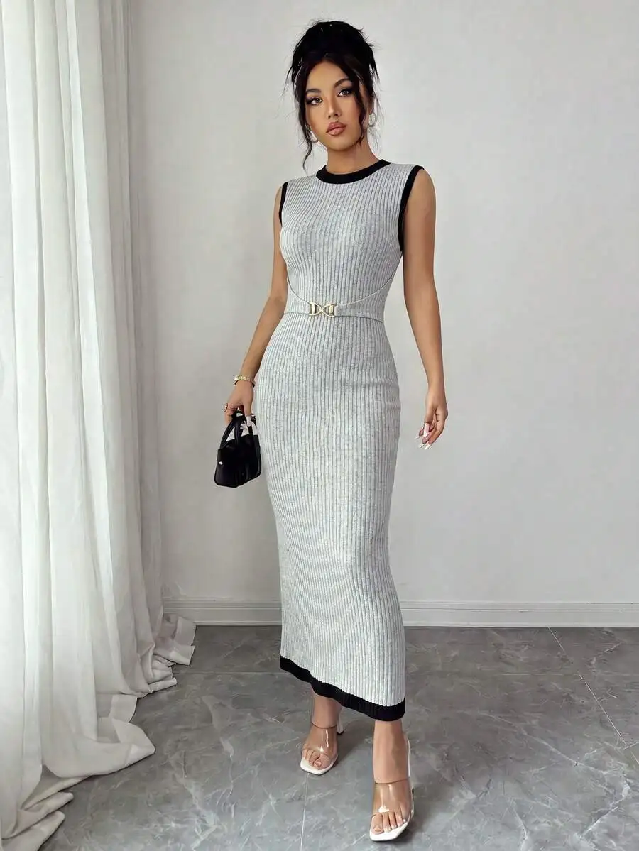 

Womens Knitted Ribbed Sleeveless Midi Dress With Belt, Color Block Design, Elastic Waist, Casual Party Wear