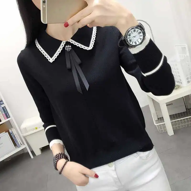 Spring Autumn Women Sweater Pullover New Fashion Doll Collar Bow Long Sleeve Knitted Sweater Women Joker Knit Tops Women Clothes