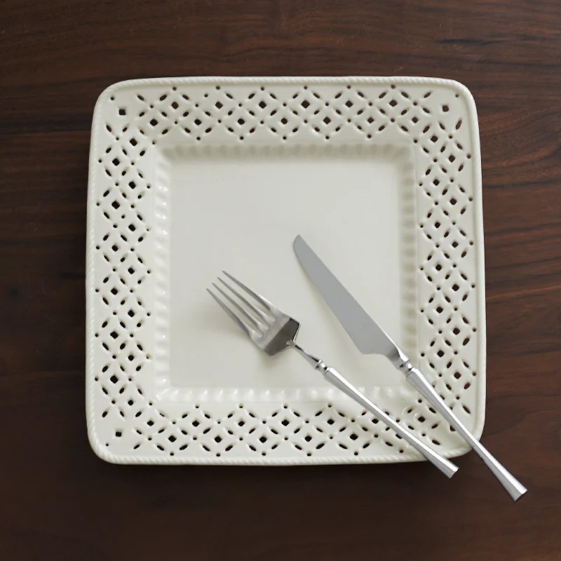 

Ceramic Dinner Plates,10 inches Square Carved Plate, Modern Dinnerware Dishes Set for Steak, Pasta, Party