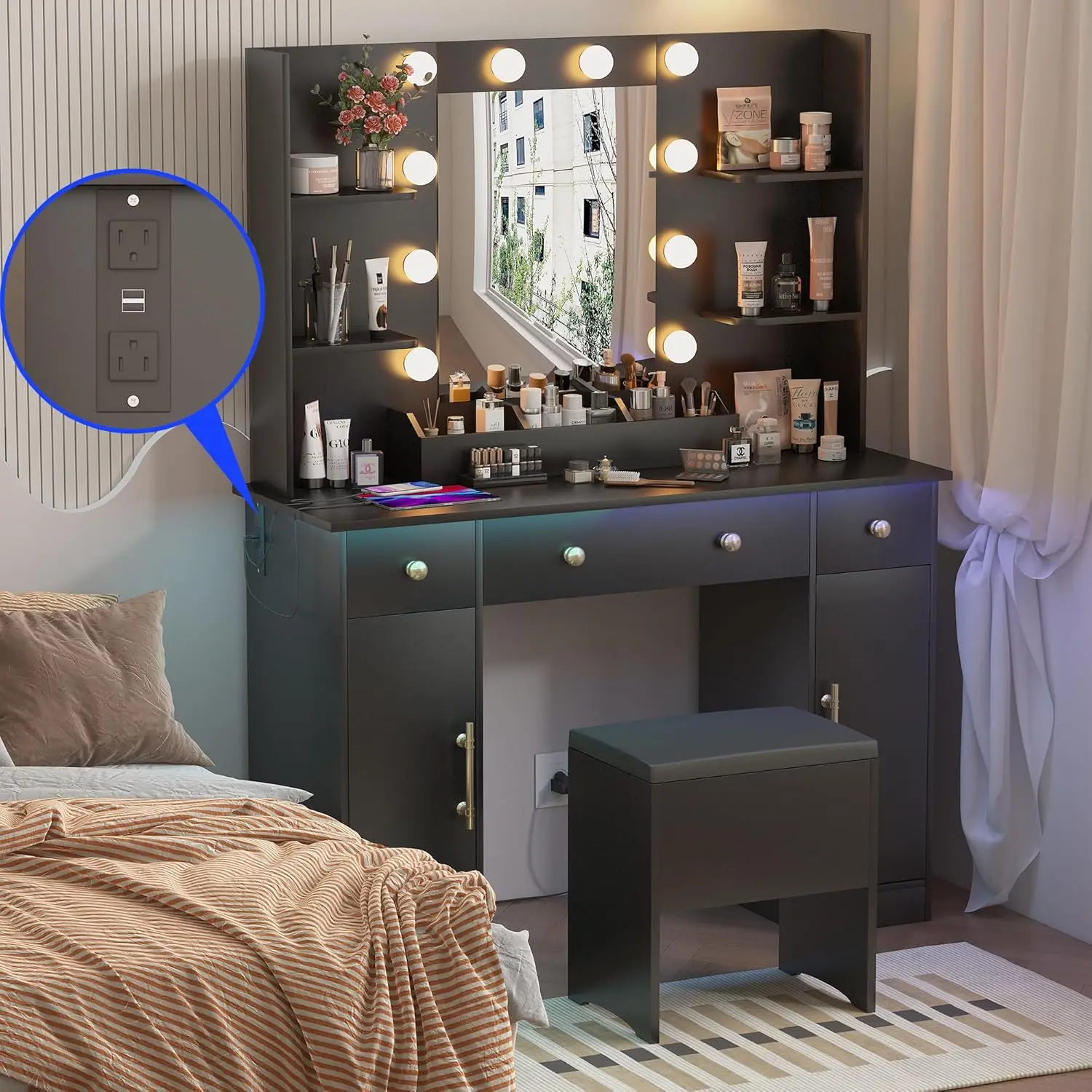 Black Makeup Vanity with Charging Station & Vanity Stool, 3 Drawers and Cabinets White Vanity Mirror with RGB LED Lights  Desk