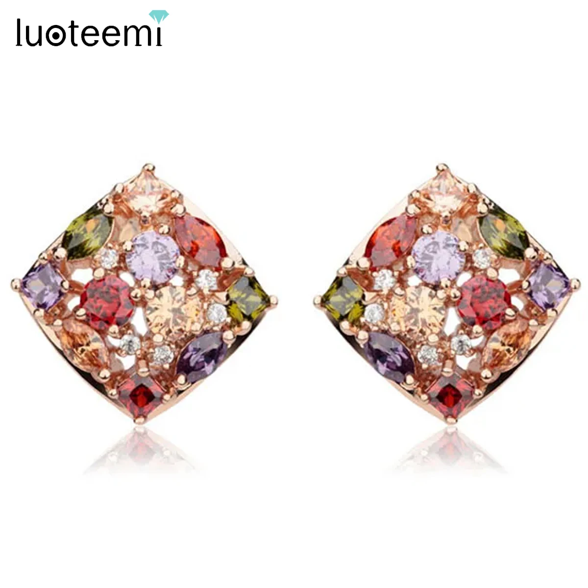 LUOTEEMI Square Shape Multi-Color Cubic Zirconia Rose Gold-Color Stud Earings for Women Luxury Dinner Party Dress Accessories