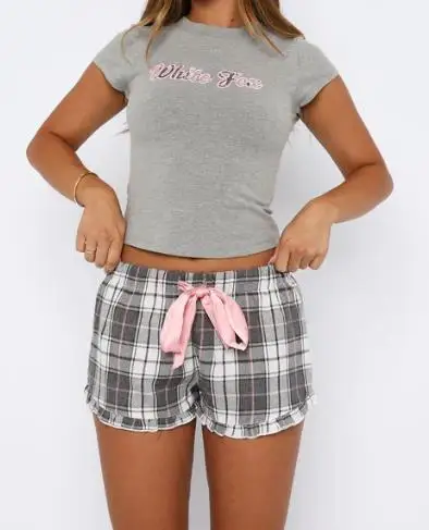 شورت نسائي منقوش مكشكش كاجوال بخصر مطاطي برباط صغير للاستخدام اليومي #3