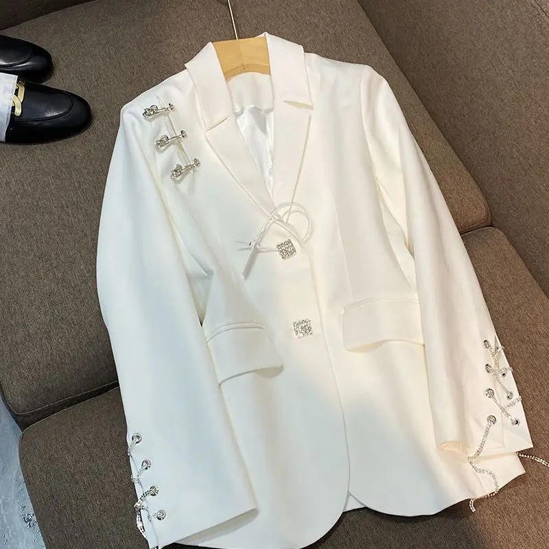 Women's Blazers Suit Coat White Chain Autumn French New Slim Temperament Celebrity Age Reducing Long Sleeve Small Suit Trend