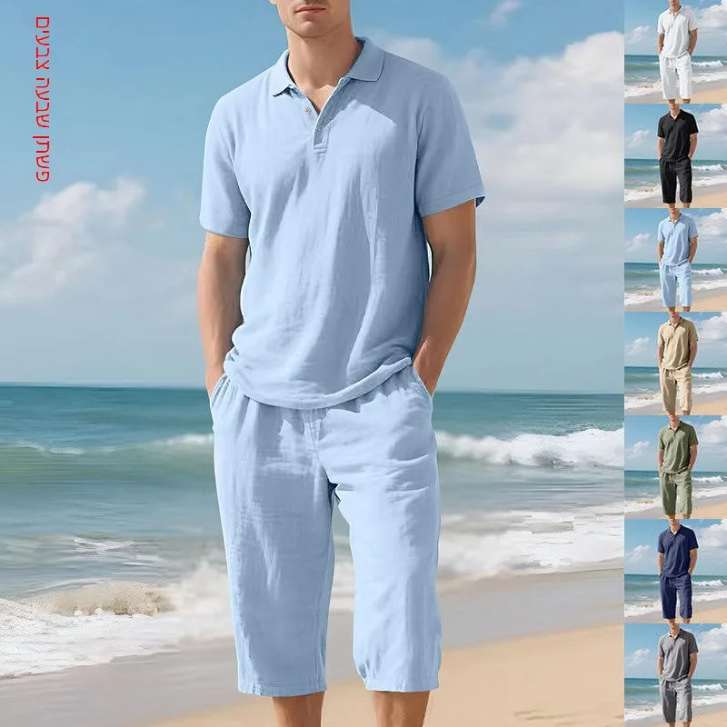 

Мужской летний комплект: свободная повседневная льняная дышащая рубашка с коротким рукавом и брюки 7/8 для пляжа – комфортный и легкий