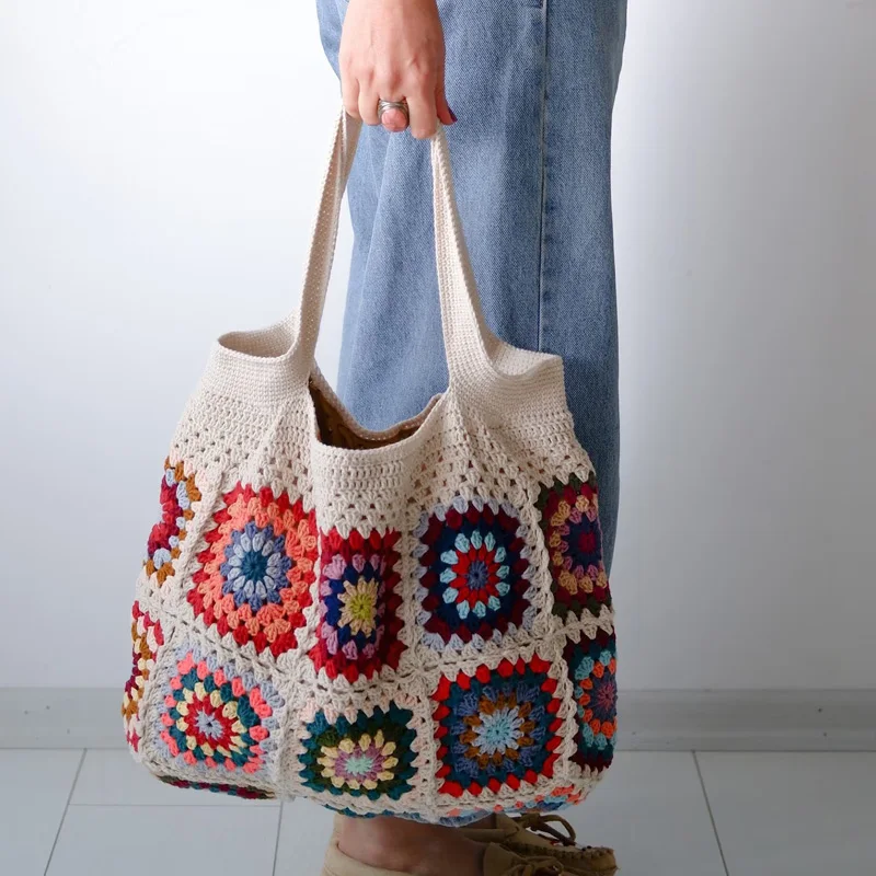 Grandma's Square Tote Bag in Navy Blue and Beige, with Colorful Checkered Stitching and a Dazzling Bohemian Style Bag