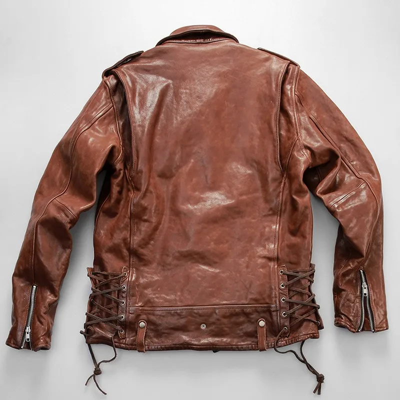 Motorcycle leather for men casual lapel heavy washed pleated fully vegetable-tanned cowhide