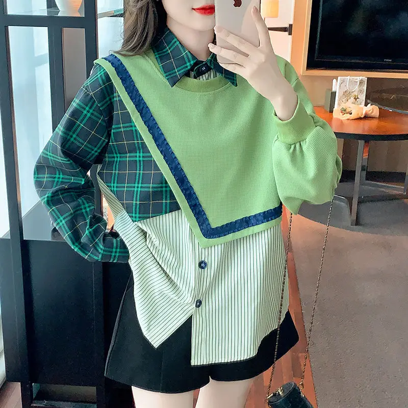 Fashion Striped Spliced Plaid Fake two pieces Shirts Female Clothing 2023 Autumn winter  Asymmetrical Tops Loose Casual Blouses