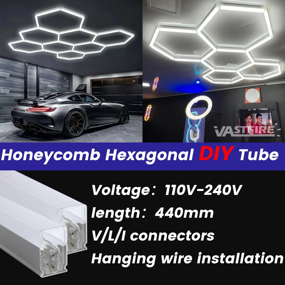 Customizable Hexagon LED Garage Light – DIY Honeycomb Design AC100V-240V for Car Body Lighting, Barbershop Workshop Commercial