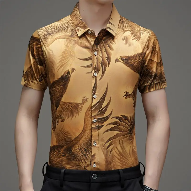 Retro Trend Summer Print Men's Square Neck Short Sleeved Ice Silk Casual Fashion Versatile Single Row Multi Button Shirt Tops