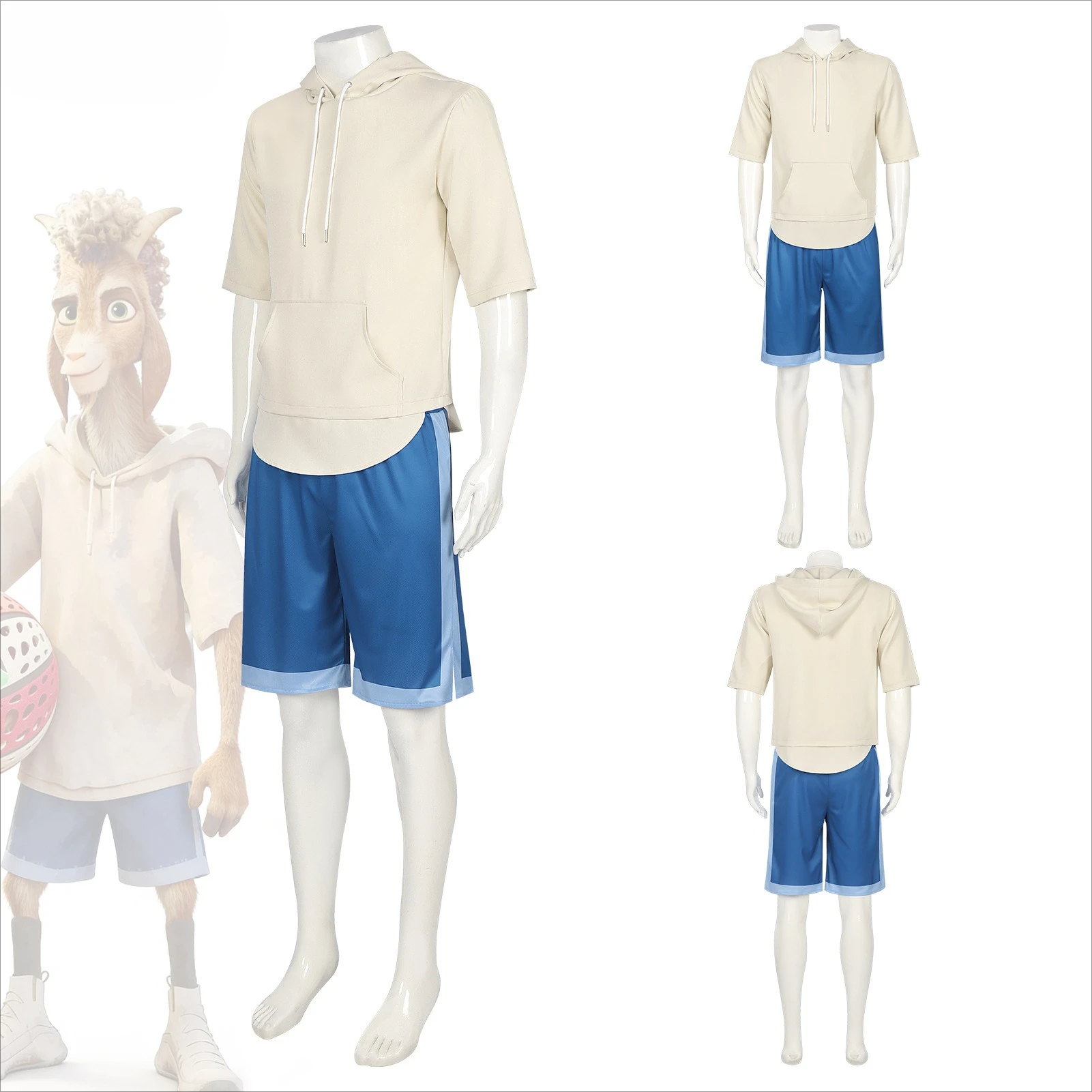

GOAT Will the Goat Cosplay Costume Beige Short Sleeve Hoodie with Blue Shorts Outfit for Movie Fans Halloween Carnival Party
