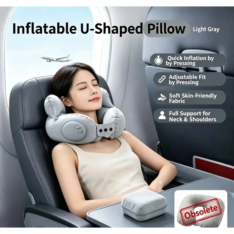 Inflatable U Shaped Travel Neck Pillow, Press Pump Velvet Portable Headrest for Airplane Car gallery 2