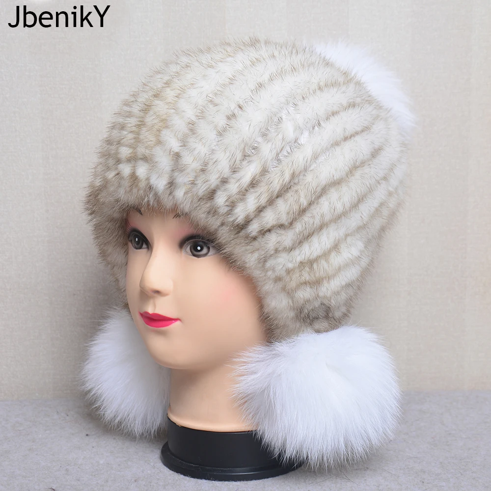 

Winter Hot Sale Real Mink Fur Hat For Women Knitted Mink Fur Ear Warm Cap The Spiral Beanies Cap With Fox Fur Pompom On The Top