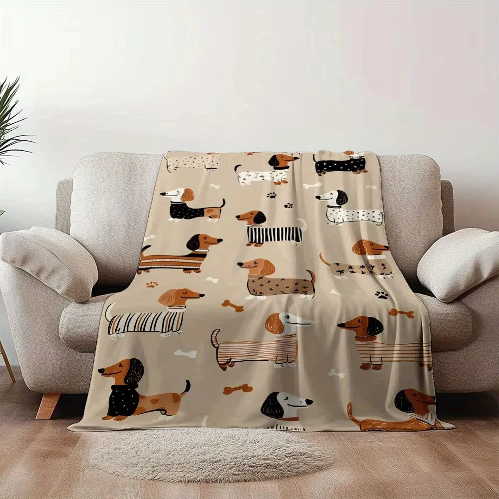 Dachshund Print Flannel Blanket Brown Black White Cozy Dog Pattern For Home Or Travel Year Round Use