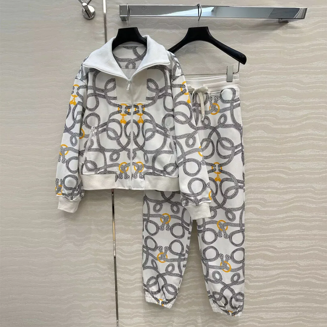 

2025 New Autumn Streetwear Cotton Rope Print Jacket Women 2 Piece Set With Pants Casual Lapel Zipper Long Sleeve Cool Coat