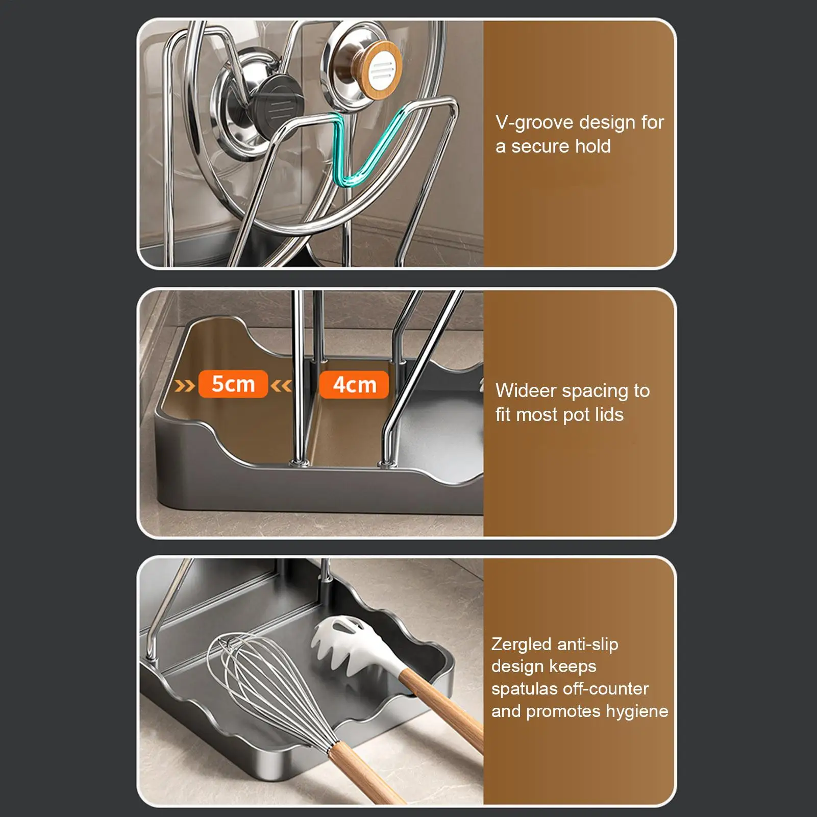 

Держатель крышки кастрюли, вертикальная подставка для ложки с поддоном для капель, держатель крышки кастрюли из нержавеющей стали для кухни, выпечки, приготовления пищи, кладовой