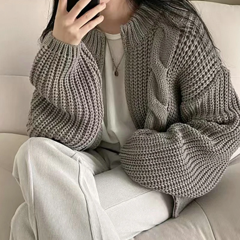 HELIAR Women Zipper Rib Loose Cardigan Coat Lantern Sleeve Knit Warm Sweater Coat Solid Casual Office Jacket Women Fall Winter