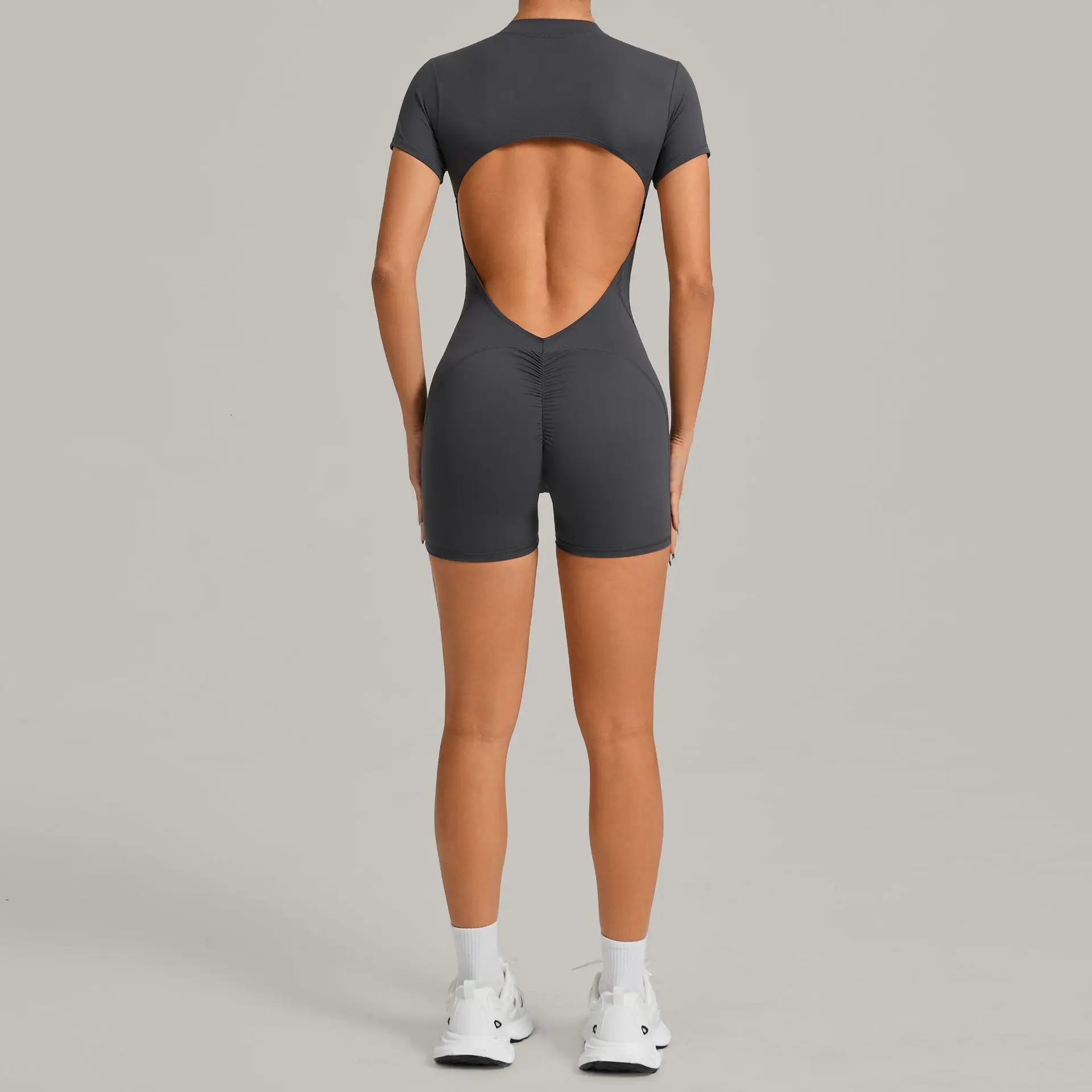 Women Zip Front Cutout Back Short Yoga Bodysuit Scrunch Butt Lift Tummy Control Quick Dry Gym Workout Running One Piece Jumpsuit