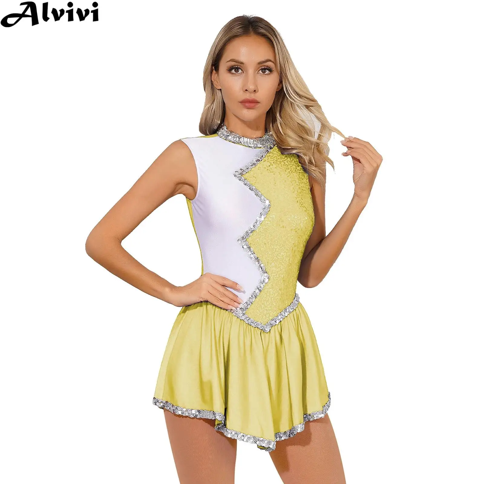 Women Figure Skating Dance Dress Ballet Gymnastics Lyrical Cheerleading Performance Costume Sleeveless Shiny Sequin Leotard Tutu